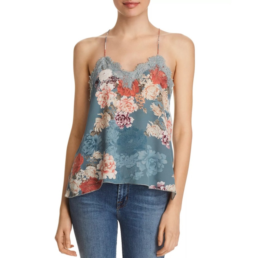 Jade Johnny Was Carmen Silk Floral Print Cami Sleeveless Lace‎ Trim V Neck Small